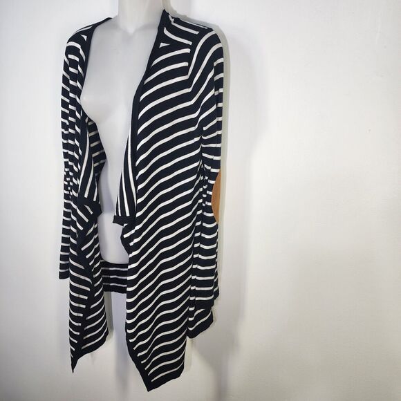Market & Spruce Cardigan Womens Large Jeana Striped Elbow Patch Black White Knit - Picture 5 of 11
